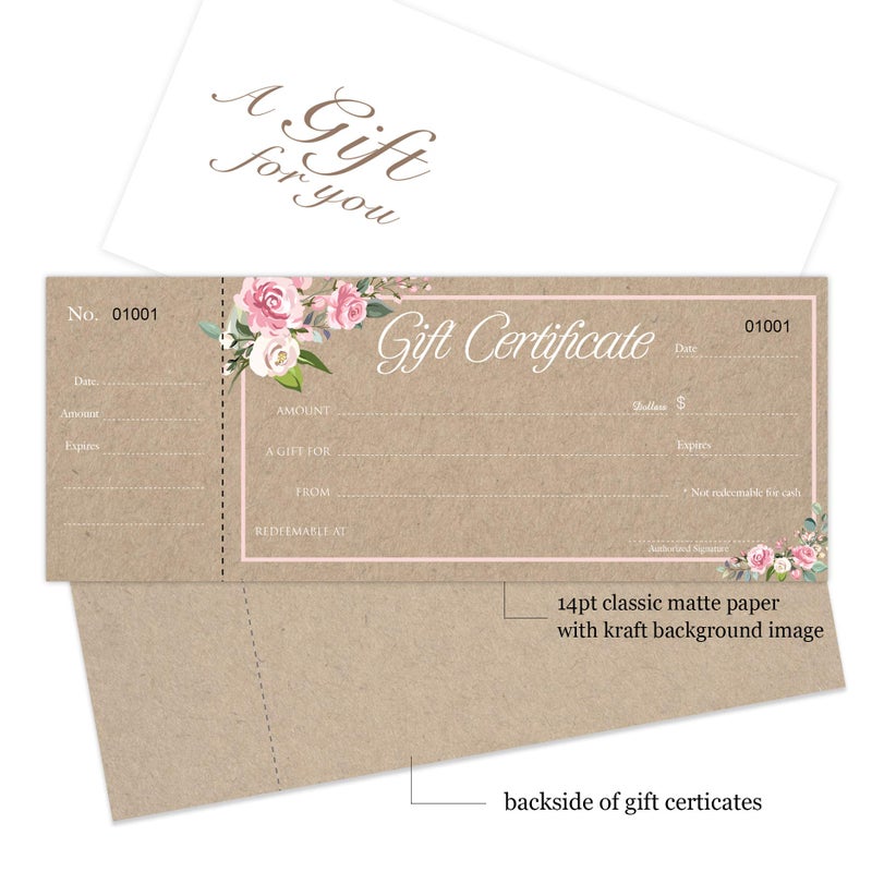 IMPACTONLINEPRINTING Blank Gift Certificates 25set, Rose Kraft Image, gift certificate for business, Comes with Free matching Envelopes, Sequential Number - Small Business, Restaurant, Spa, Beauty Salon - Image 2